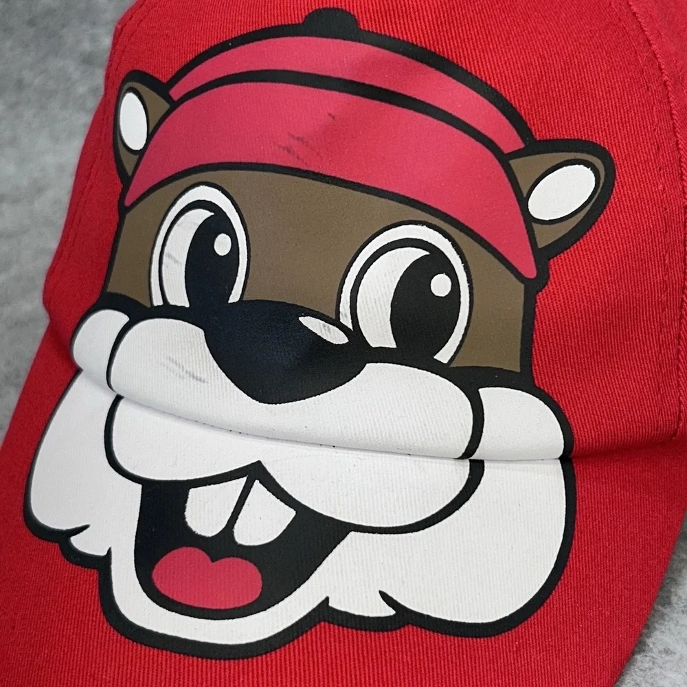 Buc-ee's Infant Beaver Face Ball Cap Red Elastic Back UPF 50+ Cotton